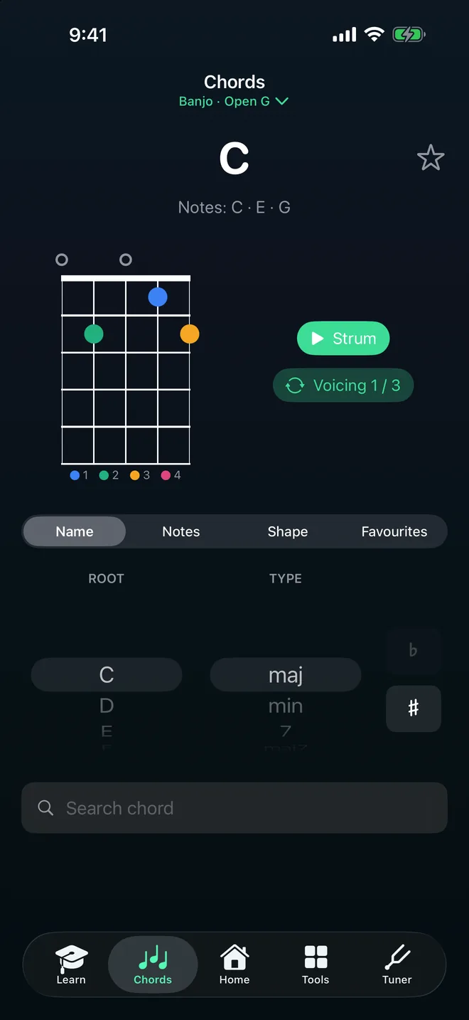 Banjo screenshot: the chord library showing a C chord diagram for the banjo in open G, with strum and voicing controls