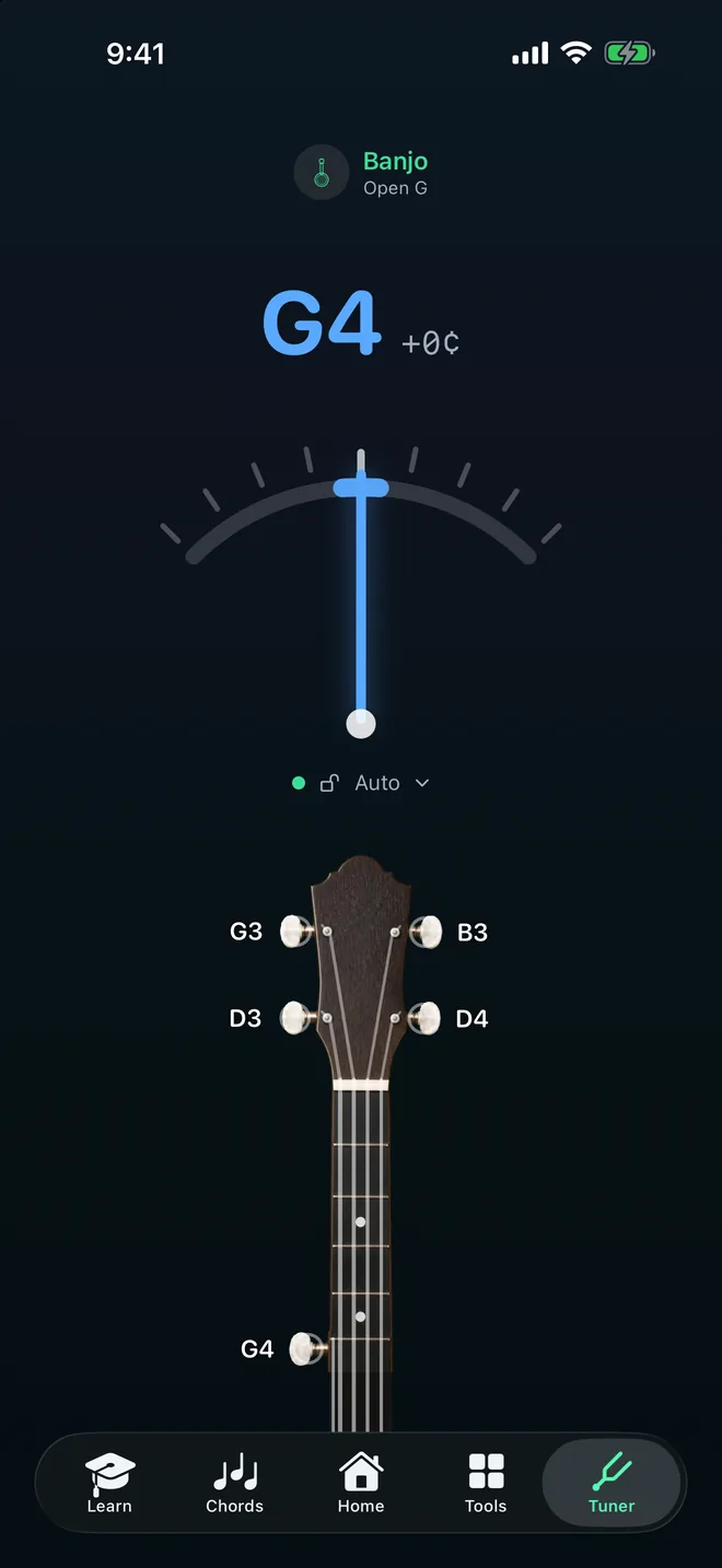 Banjo screenshot: the tuner in open G, with a 5-string banjo headstock whose pegs are labelled with each string's note, the fifth-string peg sitting on the neck
