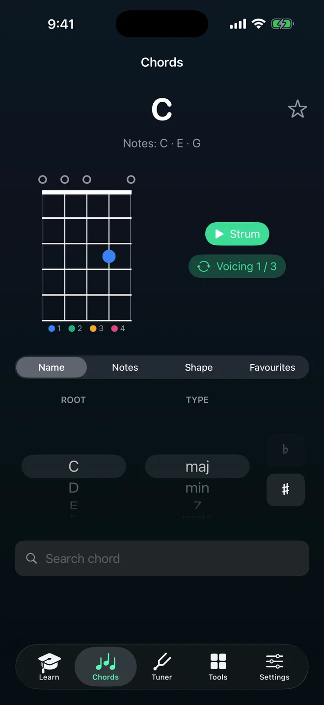 Charango screenshot: the chord library showing a C chord diagram for the charango, with strum and voicing controls