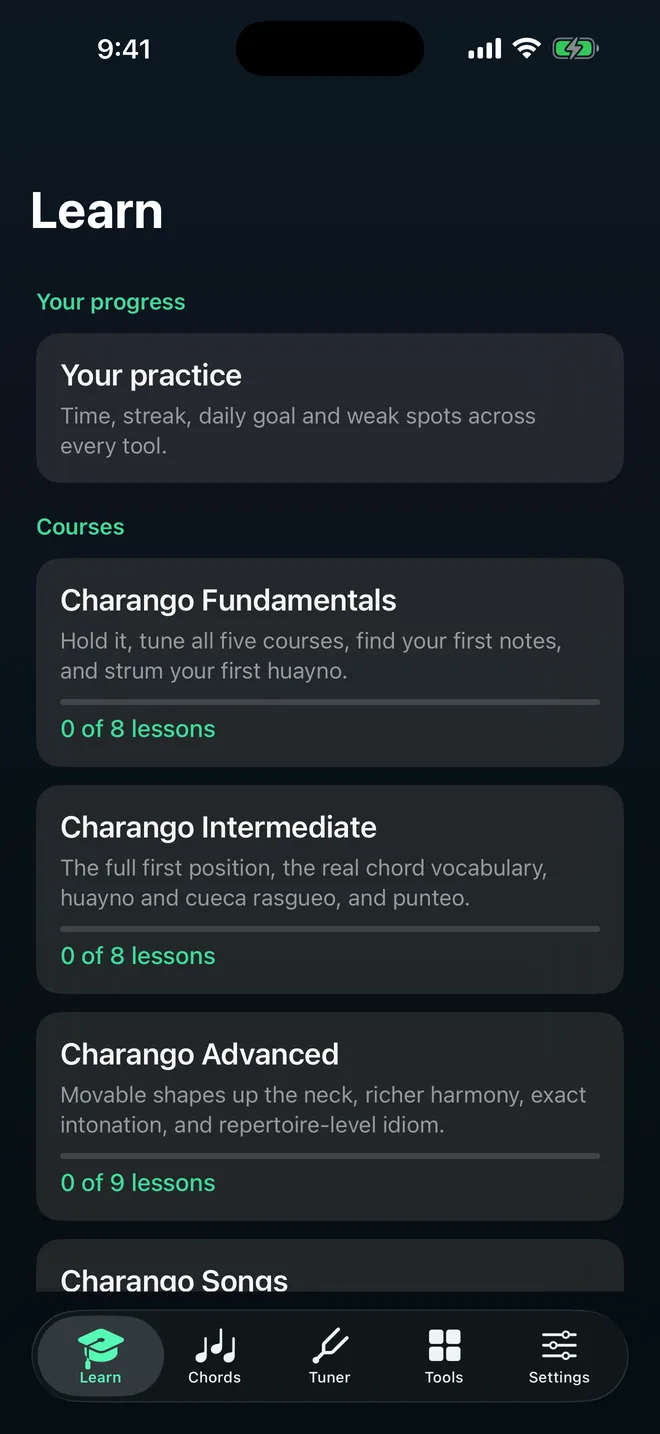 Charango screenshot: the Learn tab listing the charango courses