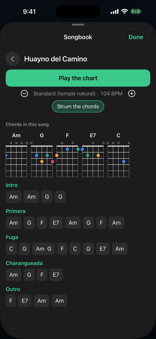 Charango screenshot: a song chart in the songbook, with its chord diagrams and sections