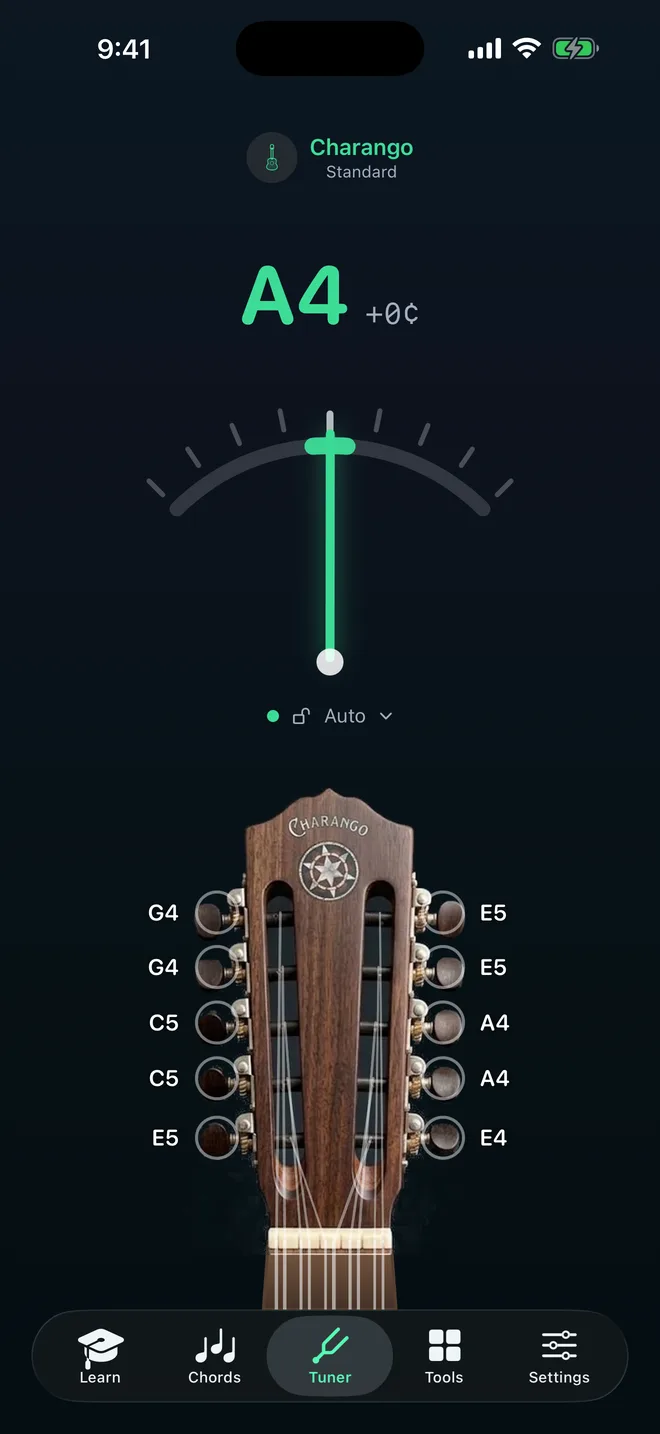 Charango screenshot: the tuner, with a charango headstock whose ten pegs are labelled with the note each string is tuned to