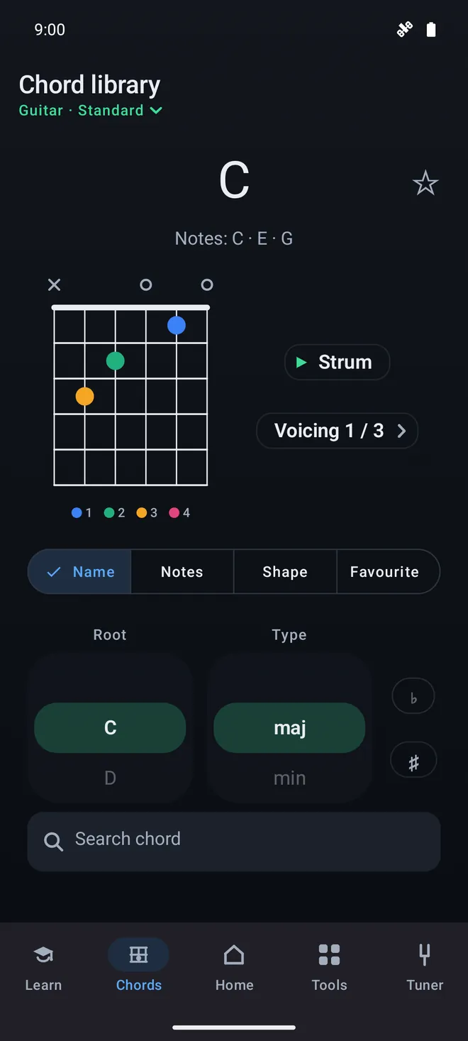 Guitar screenshot: the chord library showing a C major chord diagram with each finger numbered, and strum and voicing controls