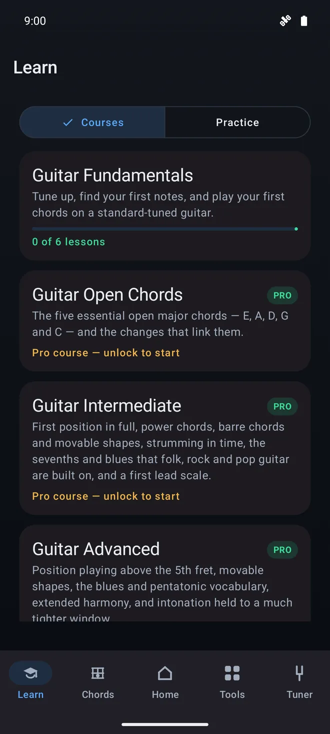 Guitar screenshot: the Learn tab listing the Guitar Fundamentals, Open Chords, Intermediate and Advanced courses