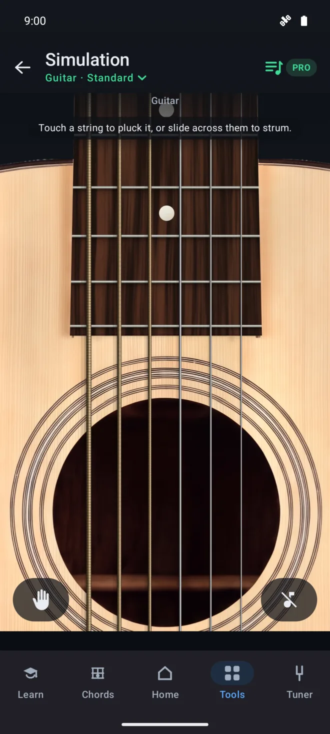 Guitar screenshot: Simulation, an acoustic guitar's fretboard and soundhole filling the screen, ready to pluck or strum