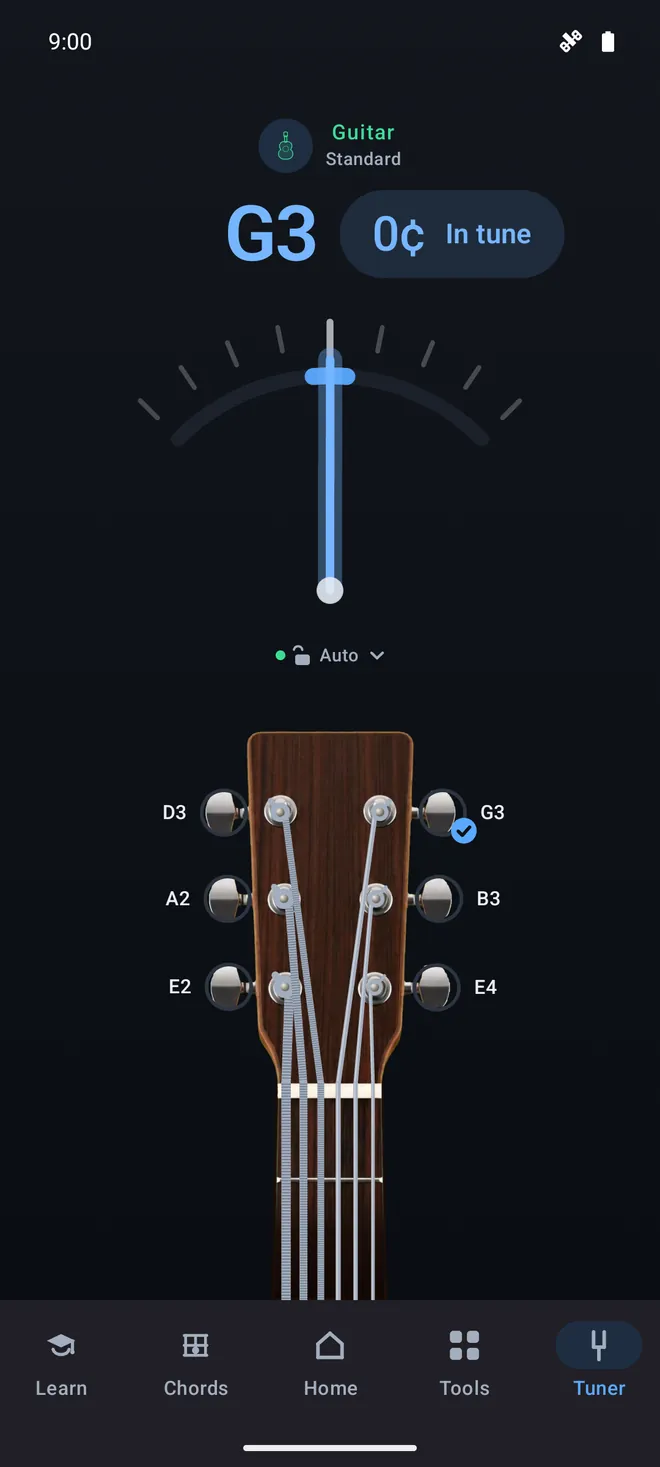 Guitar screenshot: the tuner in standard tuning reading G3 in tune, above an acoustic guitar headstock whose six pegs are labelled with each string's note