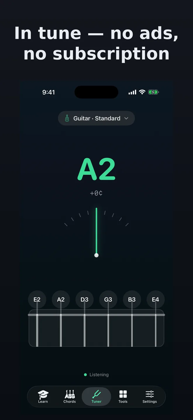 TuneHaven screenshot: the tuner locked in tune, needle on zero